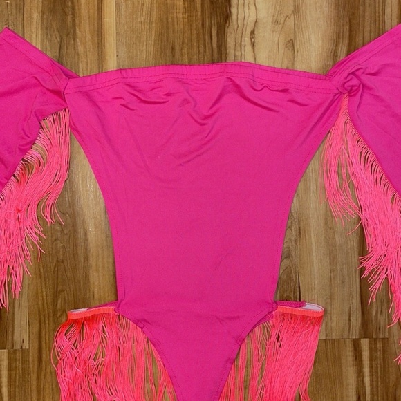 Neon off the shoulders long sleeves open back bodysuit size M - Picture 4 of 12